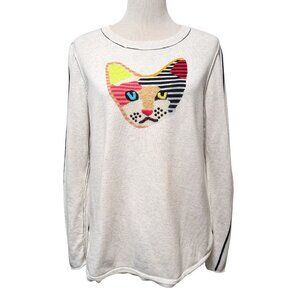 Lisa Todd Womens Size L Kool Kat Patchwork Cat Off White 100% Cotton Sweater Top